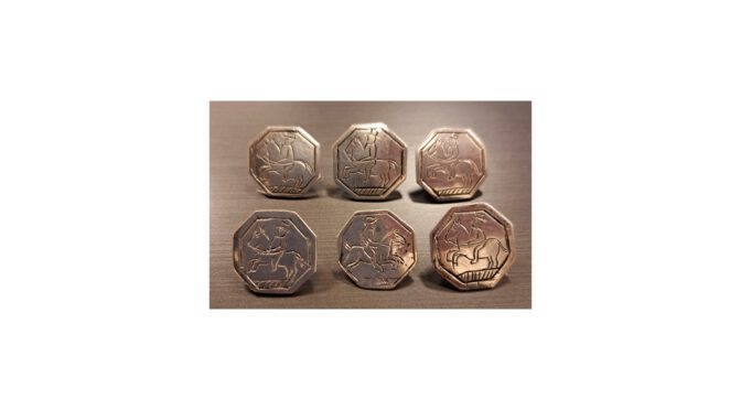 6 antieke ruiterknopen, zilver, Leeuwarden – ca 1850