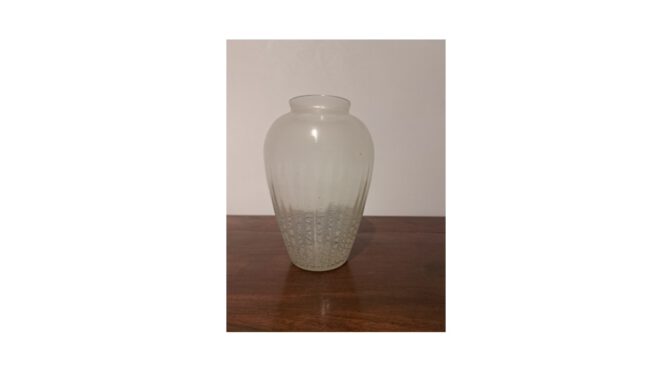 Glazen “Sonoor” vaas met tincraquelé, ontwerp A.D. Copier 1935, uitvoering Glasfabriek Leerdam