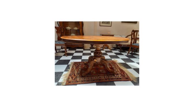 Antieke eetkamertafel, wortelnotenhout, Biedermeier, ca.1870.