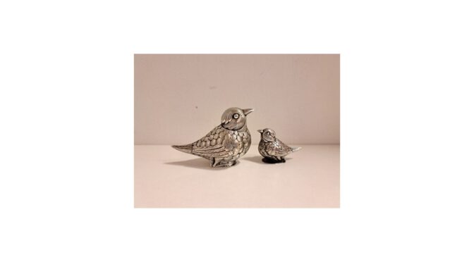 Miniatuur moeder vogel met kind, zilver.