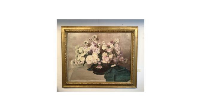 Schilderij, bloemstilleven, Willem Elisa Roelofs jr. (Schaerbeek 1874 – 1940 Den Haag), in fraaie lijst – 108 x 88cm