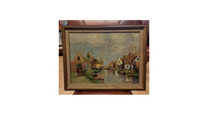 Antiek schilderij, dorpsgezicht, C.H. Petit, olieverf op paneel, ca.1900-1920.