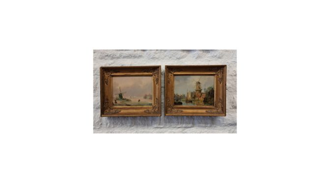 Pendant van twee antieke schilderijtjes, Willem George Wagner (Den Haag 1814 – 1855)
