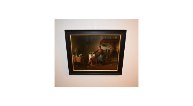 Antiek schilderij, moeder en kind bij haardvuur, olieverf op paneel, S. Kool (1836-1902).