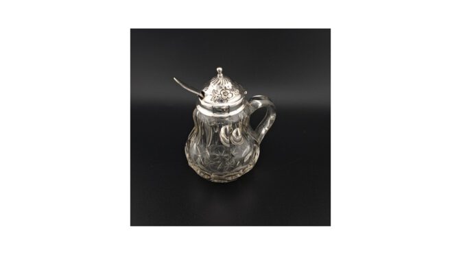 Antiek mosterdpotje, kristal met zilver, Hollands, ca.1880.