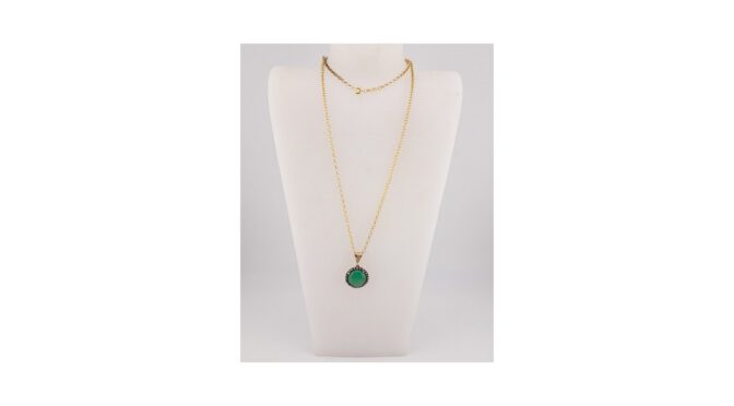 Ketting verguld en hanger 9k met jade en zirkonia, Italië (HS1427) - Het Wagenwiel Antiek (1a)