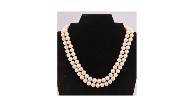 Parel collier 2-strengen geknoopt met 14k gouden slot.