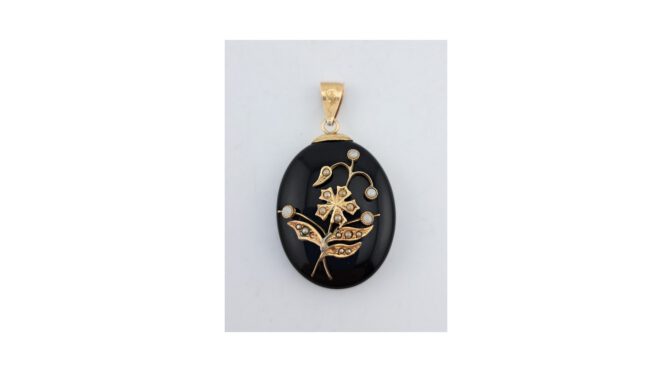 Antiek medaillon, glas, 14k goud en blisterparels, ca.1880 (HS1589) -Het Wagenwiel Antiek (1a)