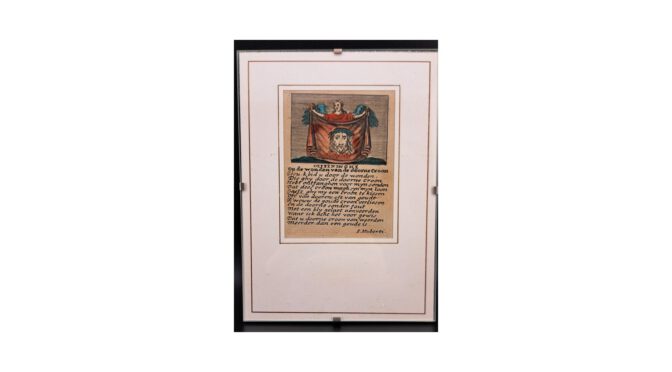 Antiek devotieprentje, F. Huberti, Antwerpen, 1630-1687, Ingekleurde ets.