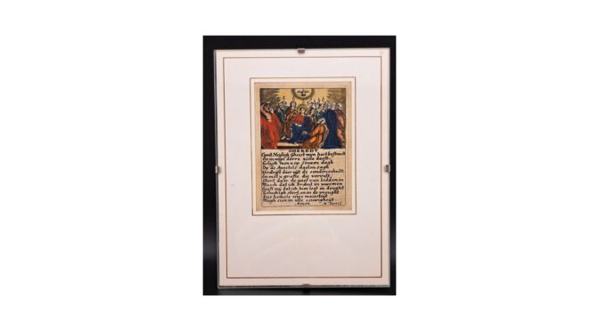 Antiek devotieprentje, Michiel Bunel, België, 1670 – 1739, Ingekleurde ets.