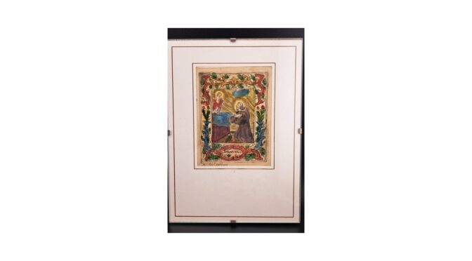 Antiek devotieprentje, Michiel Cabbaey, Antwerpen, 1660 - 1722, Sint Lucasgilde, Ingekleurde ets (HCS237.02) - Het Wagenwiel Antiek (1a)
