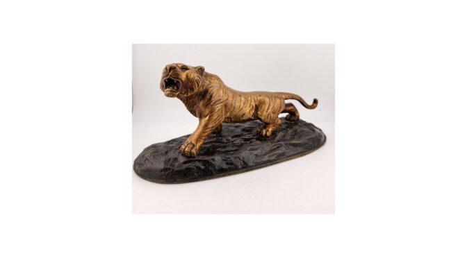 Antieke tijger, brons, Frankrijk, 19e eeuw (HDIV468) -Het Wagenwiel Antiek (1a)