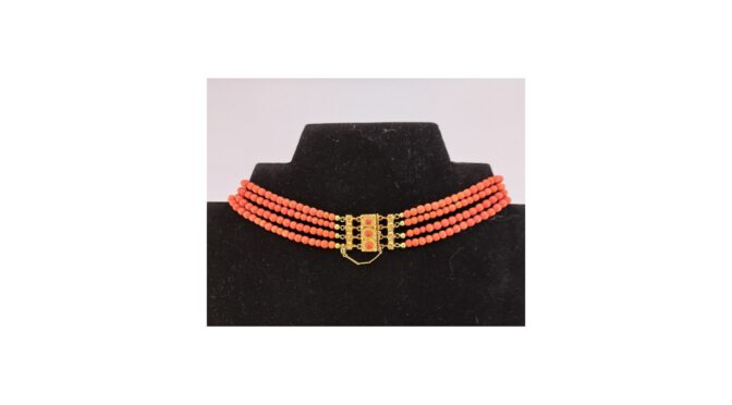 Collier met bloedkoraal en 14k gouden slot (HS1679.05) - Het Wagenwiel Antiek (1a)