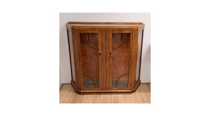 Vitrinekast , notenhout, Art Deco, deurtjes met glas-in-lood, ca.1930 (HKS171) - Het Wagenwiel Antiek (1a)
