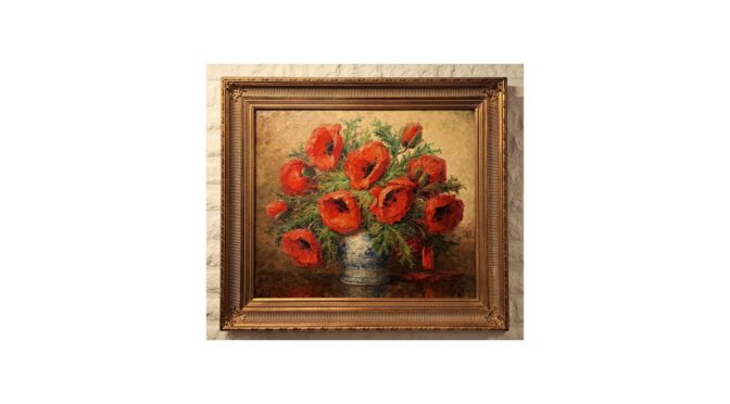 Antiek schilderij, klaprozen in Chinese vaas, 88 x 78cm, olieverf op doek, Steinmets, ca 1930