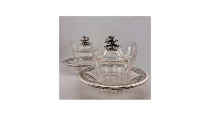 Antiek stel compotiërs, kristal met zilver, Johannes van Kempen jr., Utrecht, jaar 1854 (HZG1642) - Het Wagenwiel Antiek (1a)