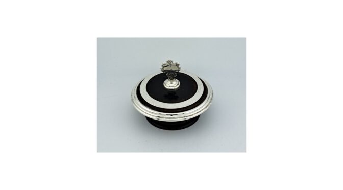 Antieke dekseldoos - hostiedoos, hout met zilver, Hollands, 19e eeuw (HZG1692) - Het Wagenwiel Antiek (1a)