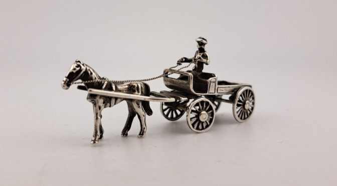 Miniatuur paard en wagen, 2e gehalte zilver, Werda, Haarlem.