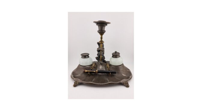 Antiek inktstel, tin en opaline, ca.1880 (HDIV1438) - Het Wagenwiel Antiek (1a)