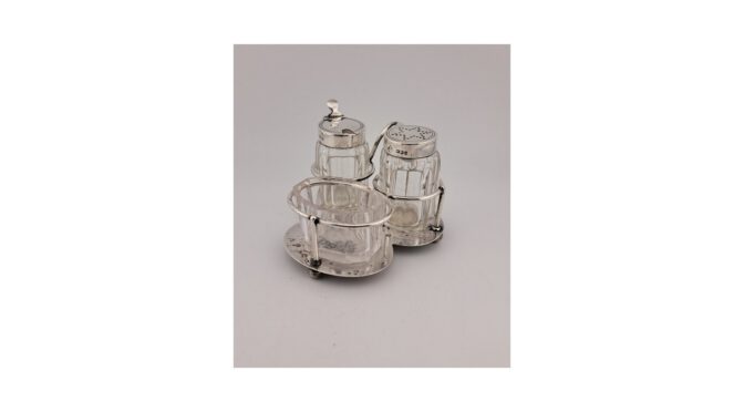 Antiek peper, zout en mosterdstel, kristal met zilver, Mappin brothers, Londen, jaar 1898 (HZG1767) - Het Wagenwiel Antiek (1a)