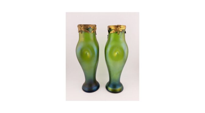 Antiek stel Franz Welz vazen, Antonienhutte, Jugendstill, ca.1910 (HGL511) - Het Wagenwiel Antiek (1a)