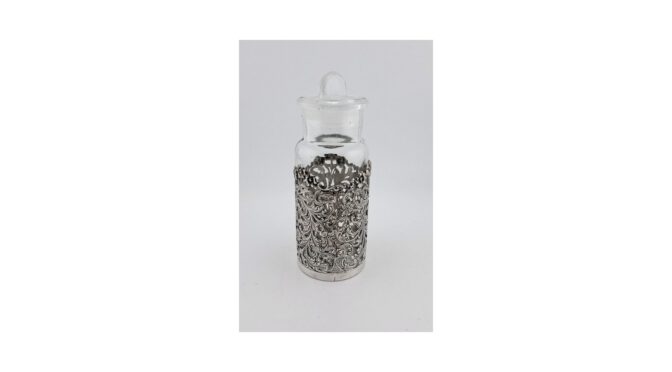 Mosterdpotje in zilveren houder, Glas; W.A. Spoor Jr. Culemborg, zilver; B.W. van Eldik Zutphen, 1935.