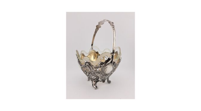Antiek bonbonmandje, kristal met zilver, Duitsland, ca.1900 (HZG1765) - Het Wagenwiel Antiek (1a)
