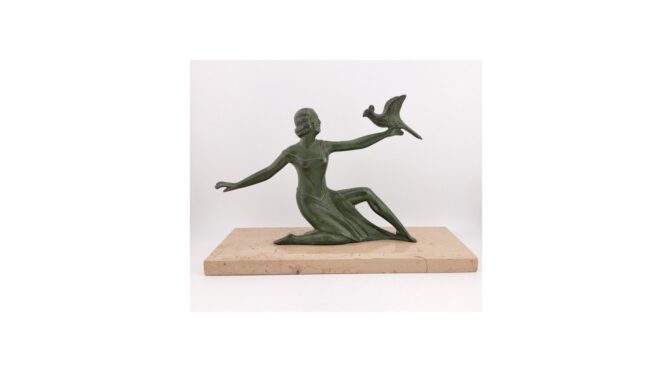 Brons, dame met vogel, gesigneerd, ca.1930 (VAK152) - Het Wagenwiel Antiek (1a)