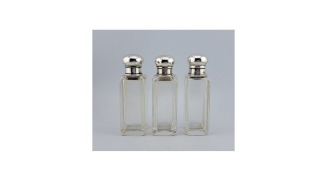 Antieke set parfumflesjes, kristal met zilver, Engeland, ca.1910 (HZG1793) - Het Wagenwiel Antiek (1a)