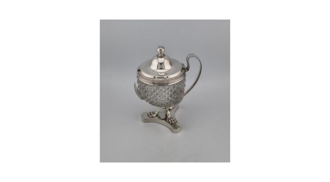 Antieke mosterdpot, zilver met kristal, mt; J. Carrenhoff, Amsterdam, 1812-1818 (HZG1805) - Het Wagenwiel Antiek (1a)