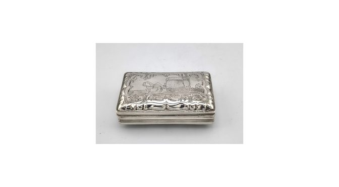 Antiek snuiftabak doosje, zilver, Hollands 1857 HZG1833 - Het Wagenwiel Antiek (1a)