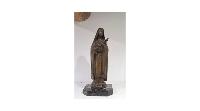 Antiek Maria beeld, metaallegering gebronsd op marmer, Raphäel Charles Peyre (1872-1949) ca. 1900 (MUS156) - Het Wagenwiel Antiek (1a)