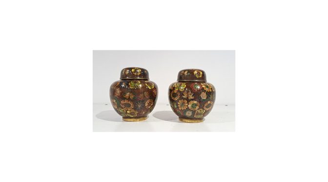 Antiek stel gemberpotjes, cloisonné, China, ca.1900.