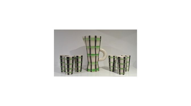 Waterkan met 6 bekers, aardewerk, Saint Clement, Frankrijk, ca.1960.